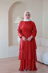 Brick Red Ruffle Chiffon Dress