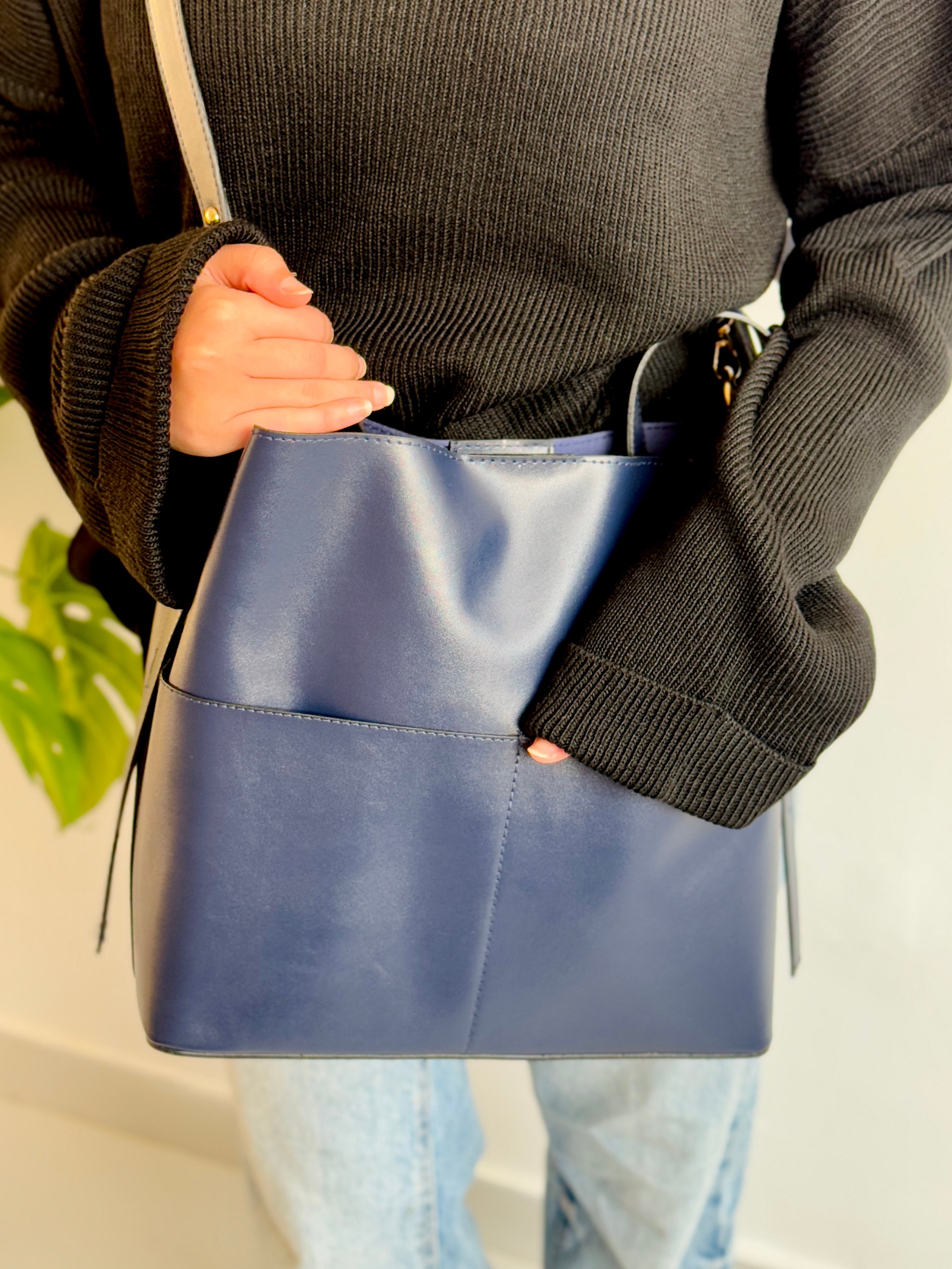 Leather Crossbody Bag With Pockets- Navy Blue