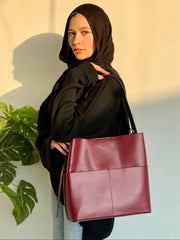 Leather Crossbody Bag With Pockets- Burgundy