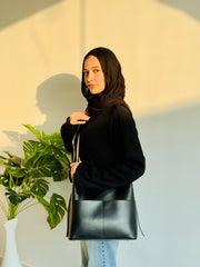 Leather Crossbody Bag With Pockets- Black