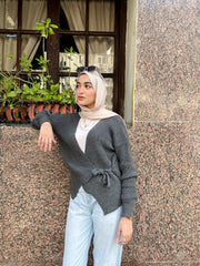Knitted Wrap Blouse- Grey