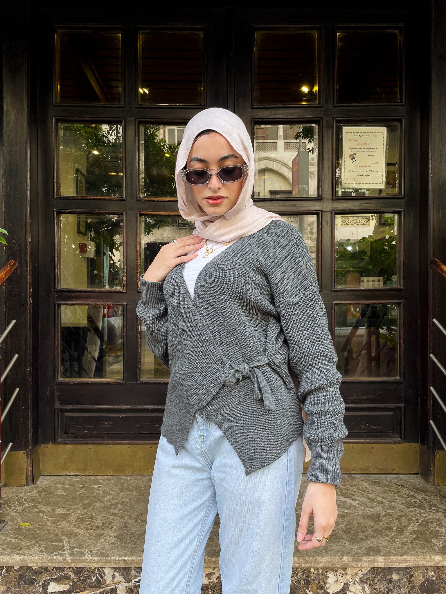 Knitted Wrap Blouse- Grey