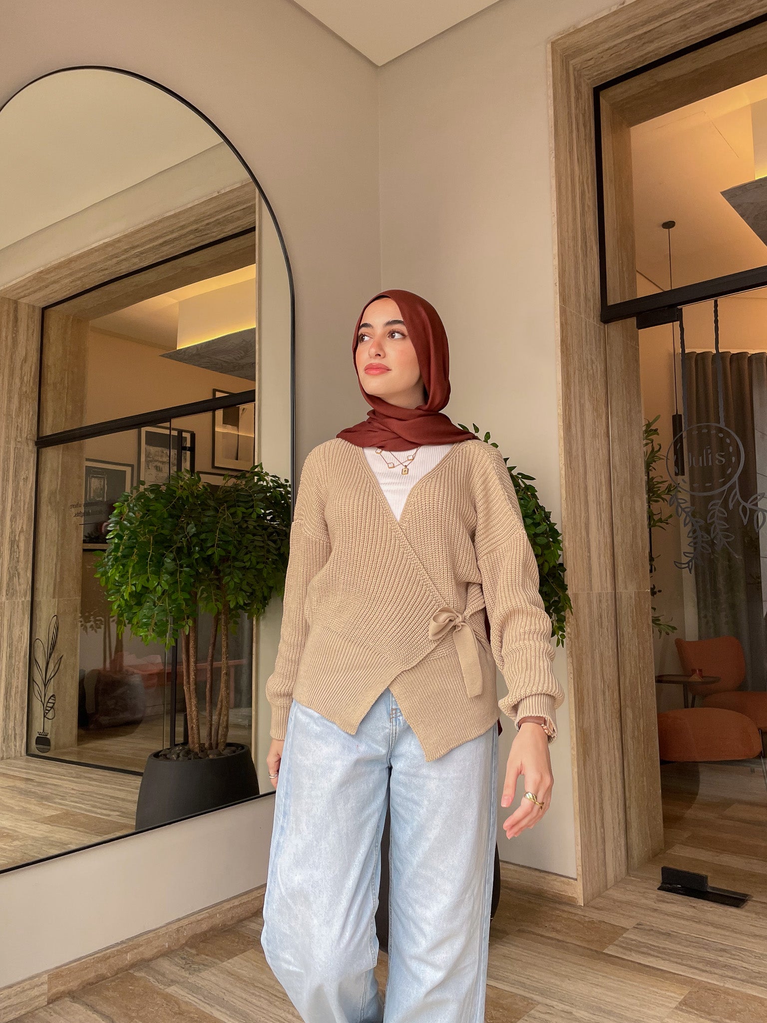 Knitted Wrap Blouse- Beige