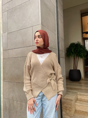 Knitted Wrap Blouse- Beige