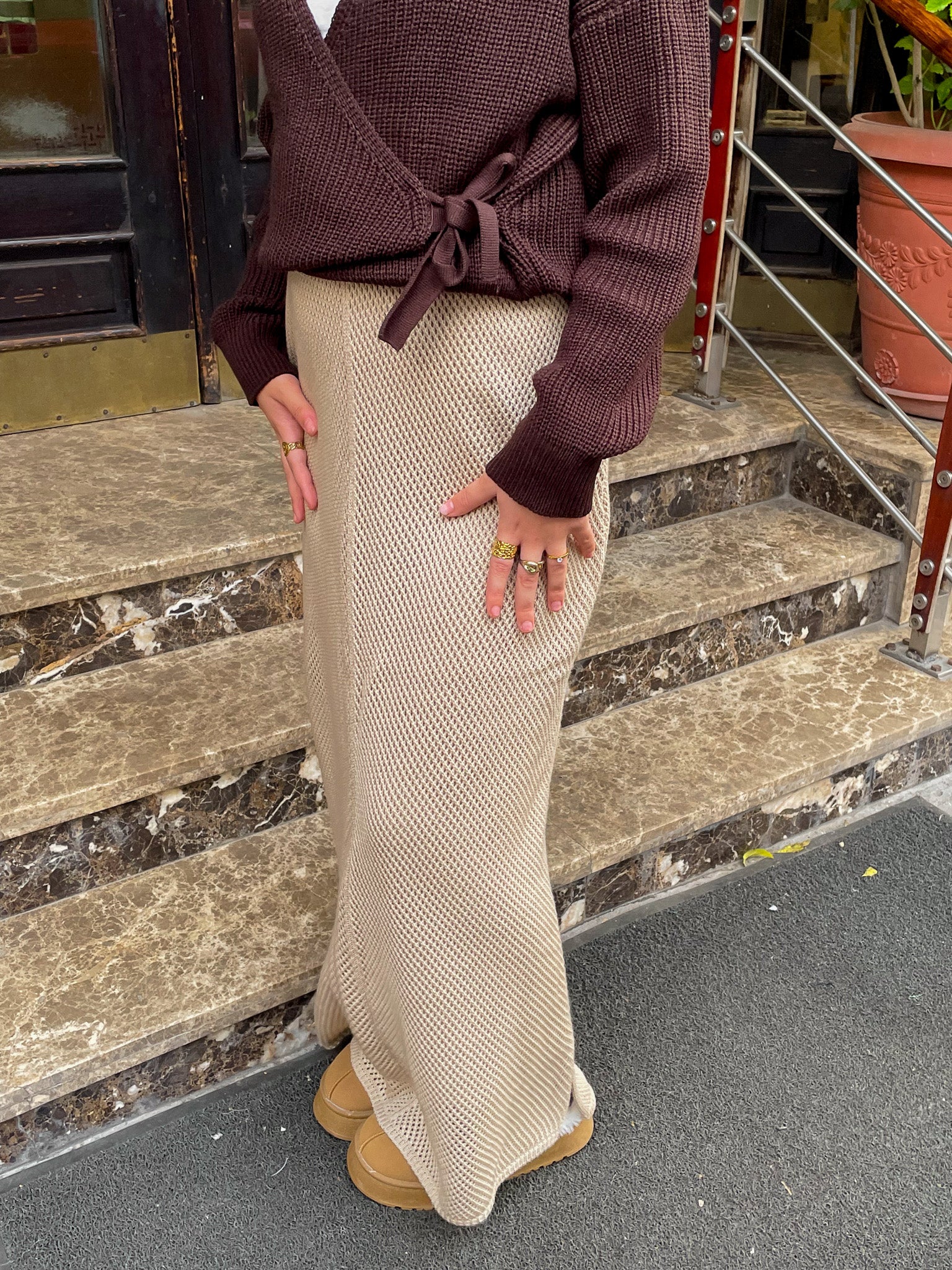 Midi Regular Knit Skirt- Beige