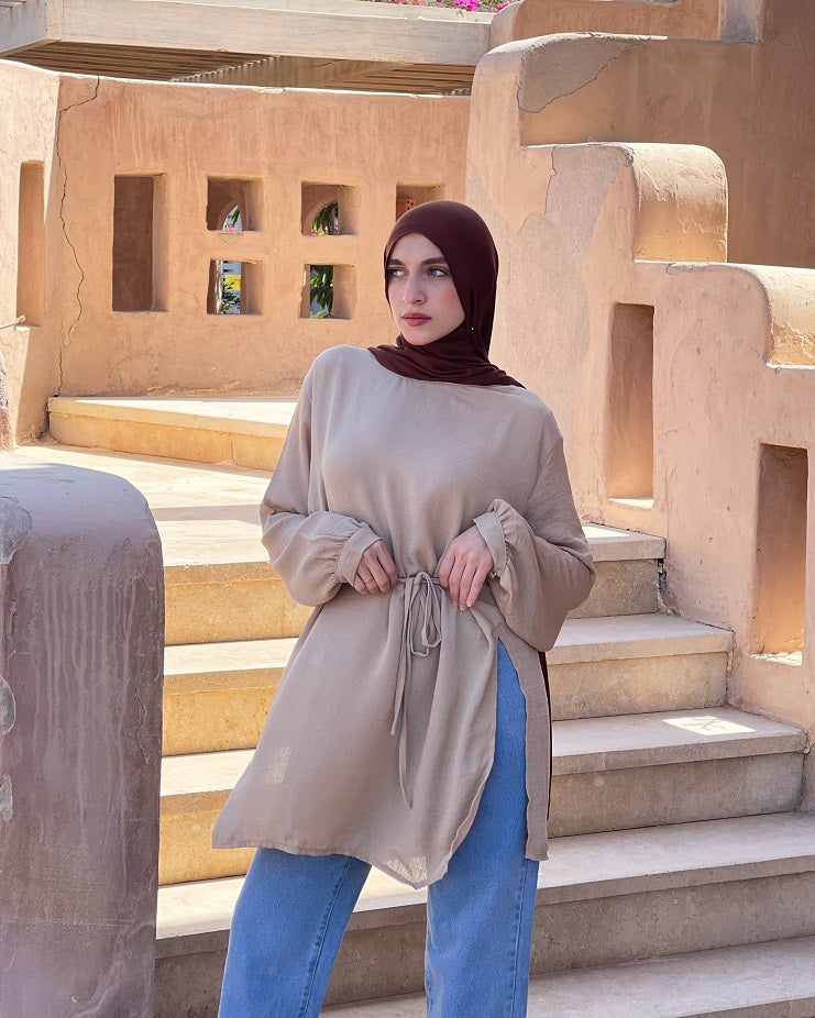 Blouse With Ribbon- Beige