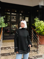 Loose Turtleneck Striped Pullover- Black