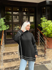 Loose Turtleneck Striped Pullover- Black