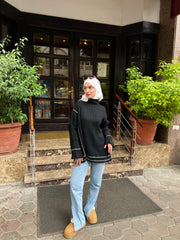 Loose Turtleneck Striped Pullover- Black
