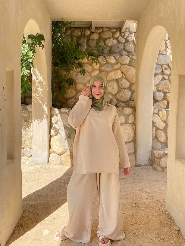 Beige Linen V-Neck Set